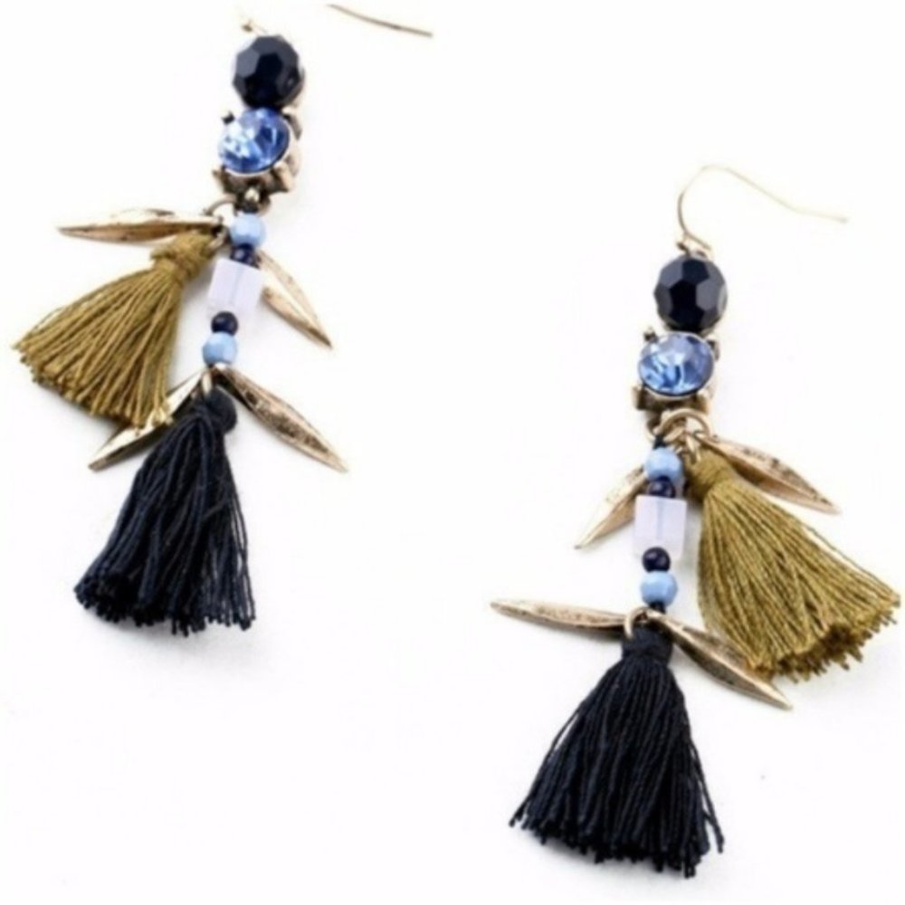 NEW Boutique Earrings Tassel Statement Drop Dangle Fringe Navy Gold Boho Gift